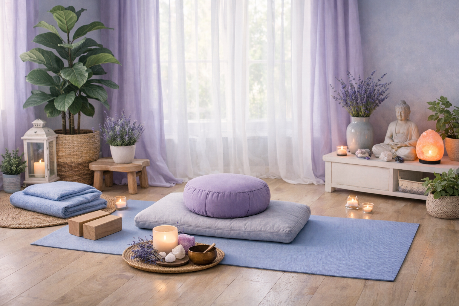 Calm meditation space with lavender and soft blue colors, yoga mat and cushions in serene room, plants and natural light, peaceful wellness atmosphere